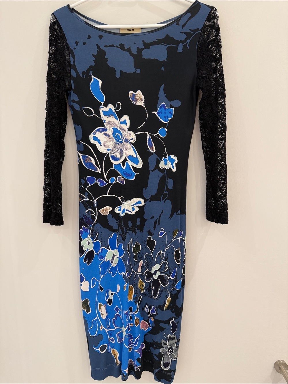 Blue Floral Long-Sleeve Lace-Sleeve Sheath Dress